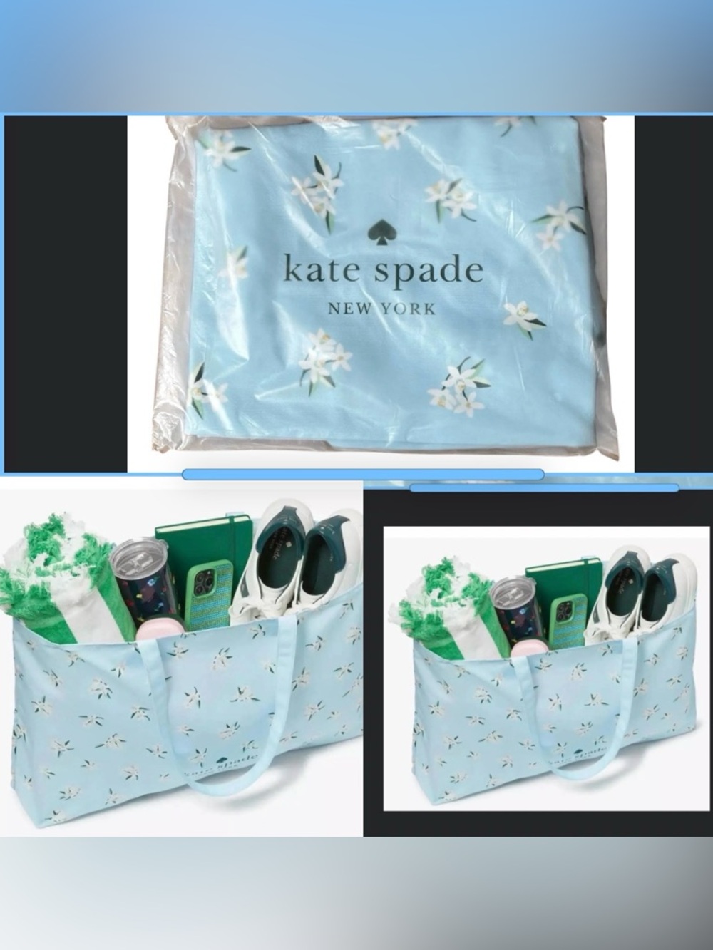 Kate Spade light blue floral reusable shopping or beach bag